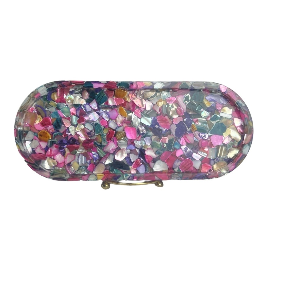 Iridescent Crushed Abalone Shell Resin Tray Oval Multi-Color Coastal Glam Vanity